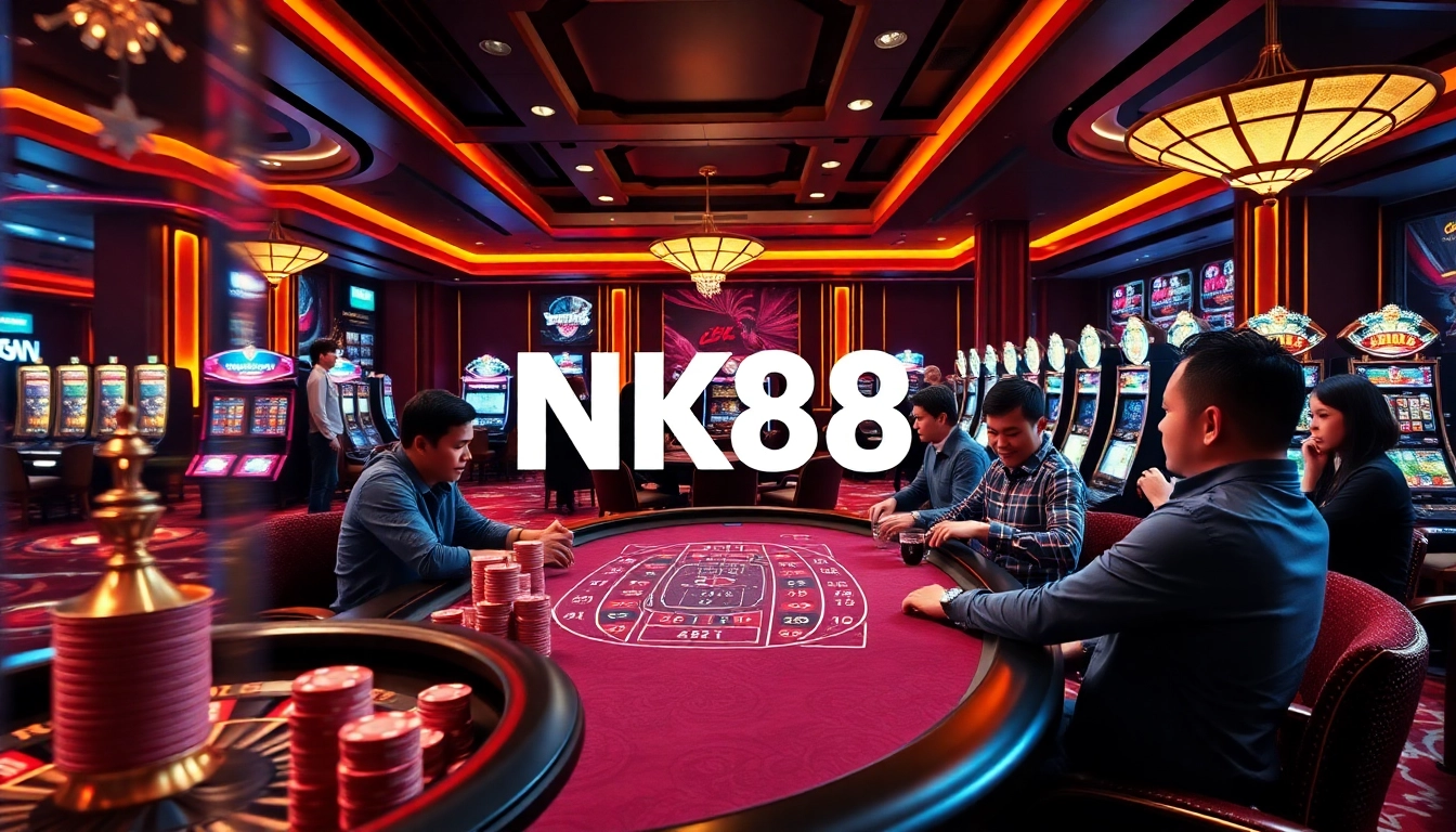 Experience excitement at NK88 with a bustling casino environment featuring poker and roulette.