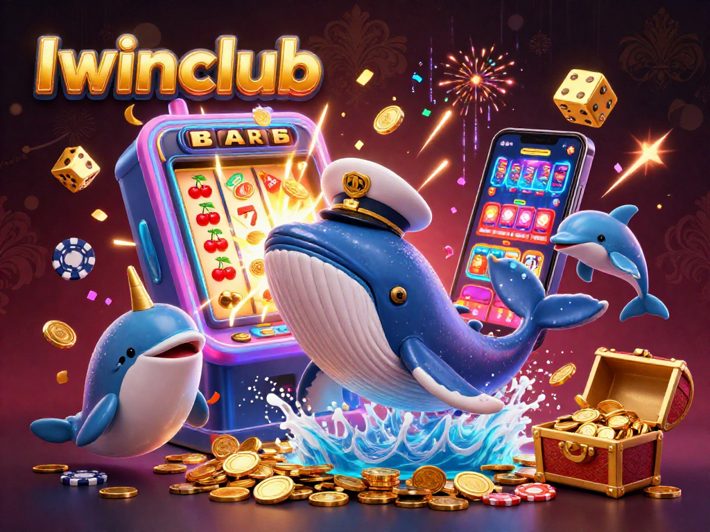 Iwinclub captures players' excitement with a vibrant 3D casino scene showcasing whales, poker chips, and slot machines.