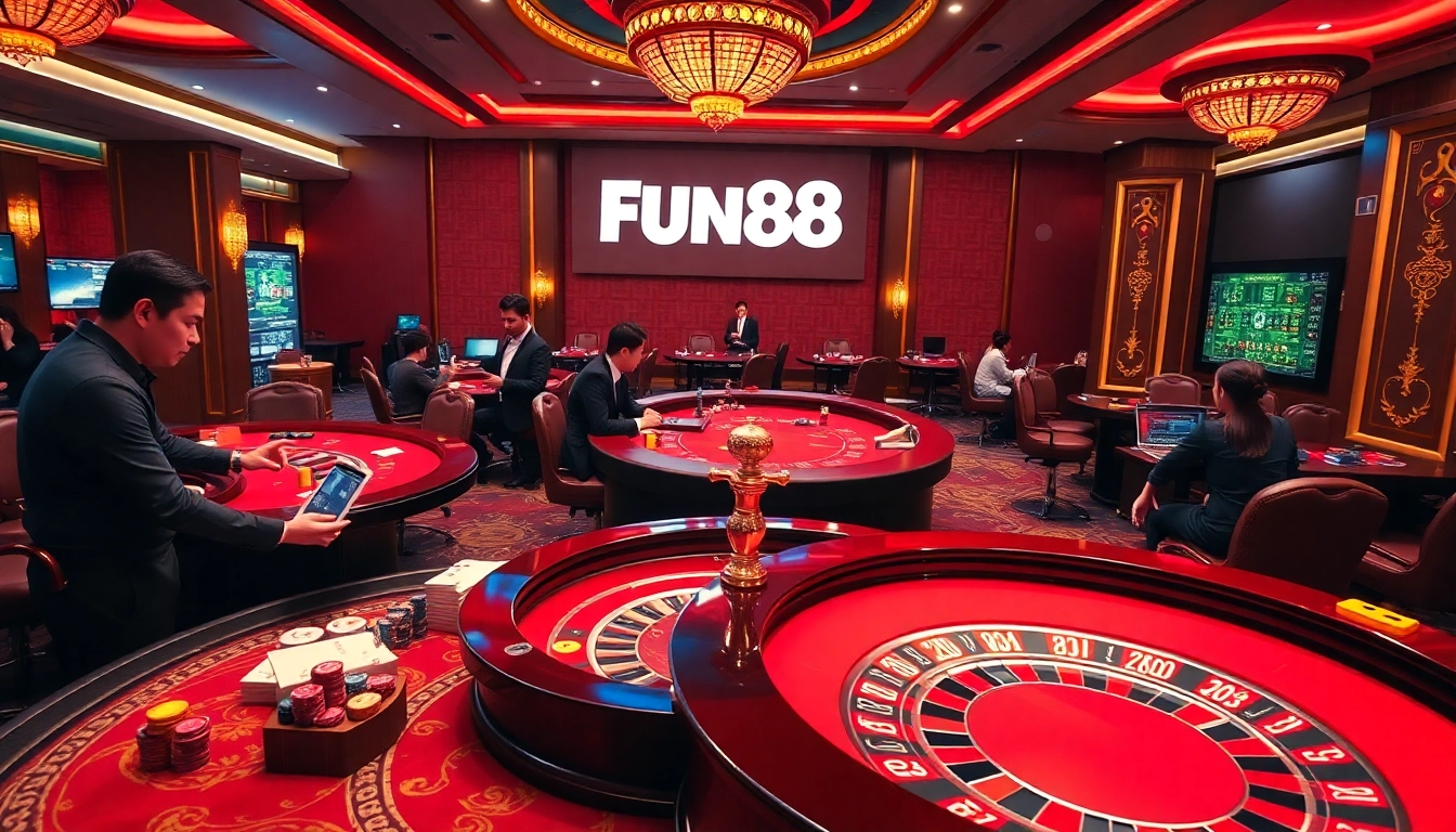 Experience the excitement of หน้าแรก fun88 at a luxurious casino scene with lively players and vibrant tables.