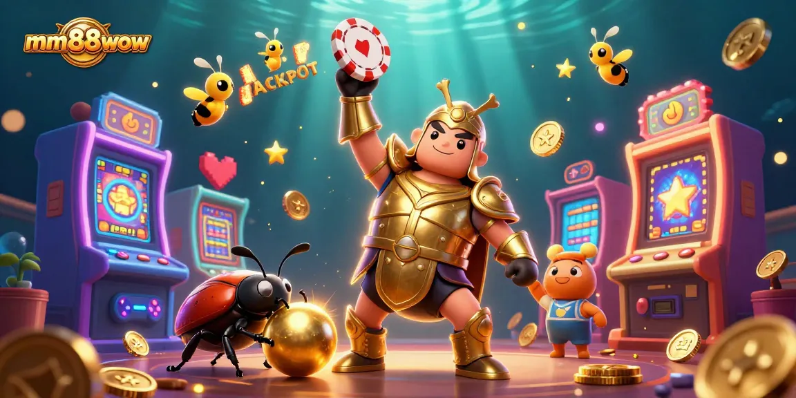 Engage in thrilling gameplay at mm88wow with a victorious beetle character amidst vibrant casino elements.