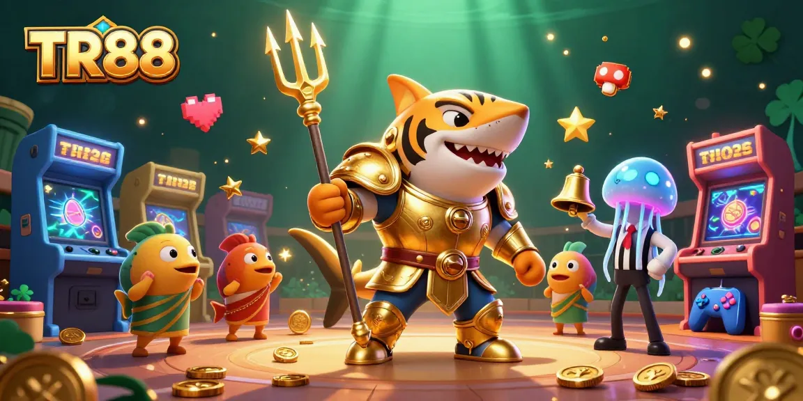 Experience TR88's thrilling underwater casino scene, featuring a tiger shark and arcade game elements.