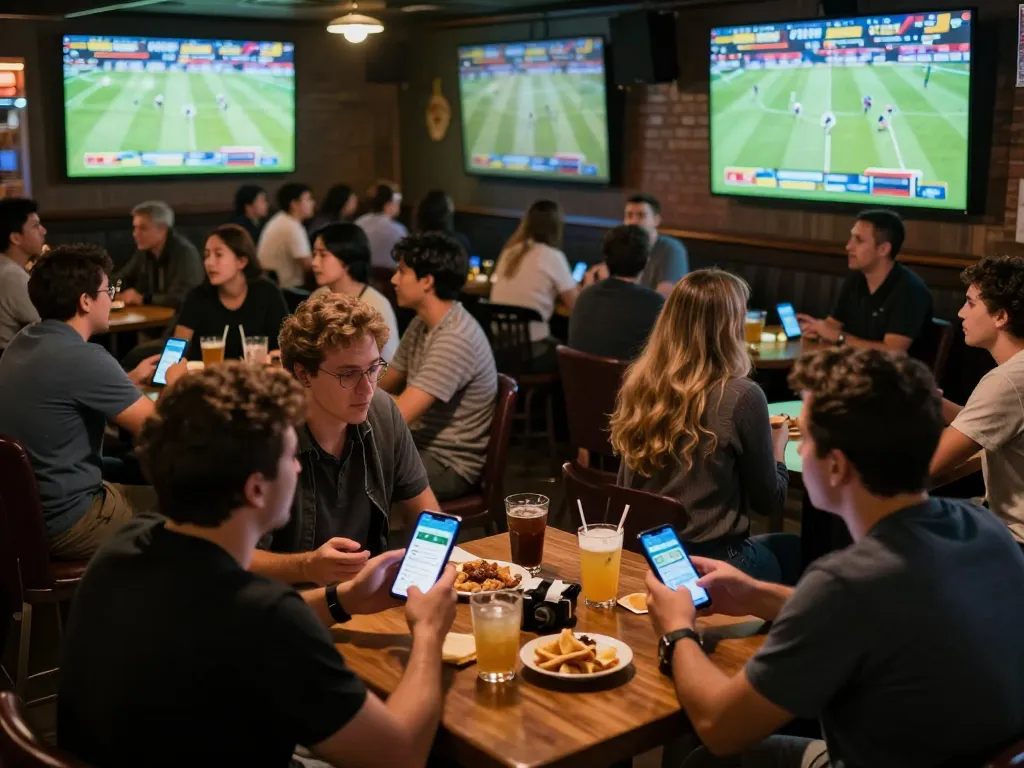 Bj88 app in action as sports fans place bets in a lively sports bar atmosphere