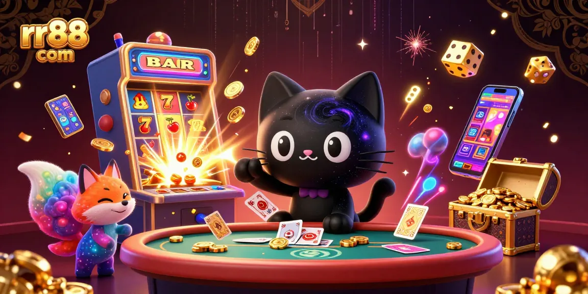 Play and win big at rr88 com, featuring a vibrant cosmic casino experience with a black hole cat and floating treasures.