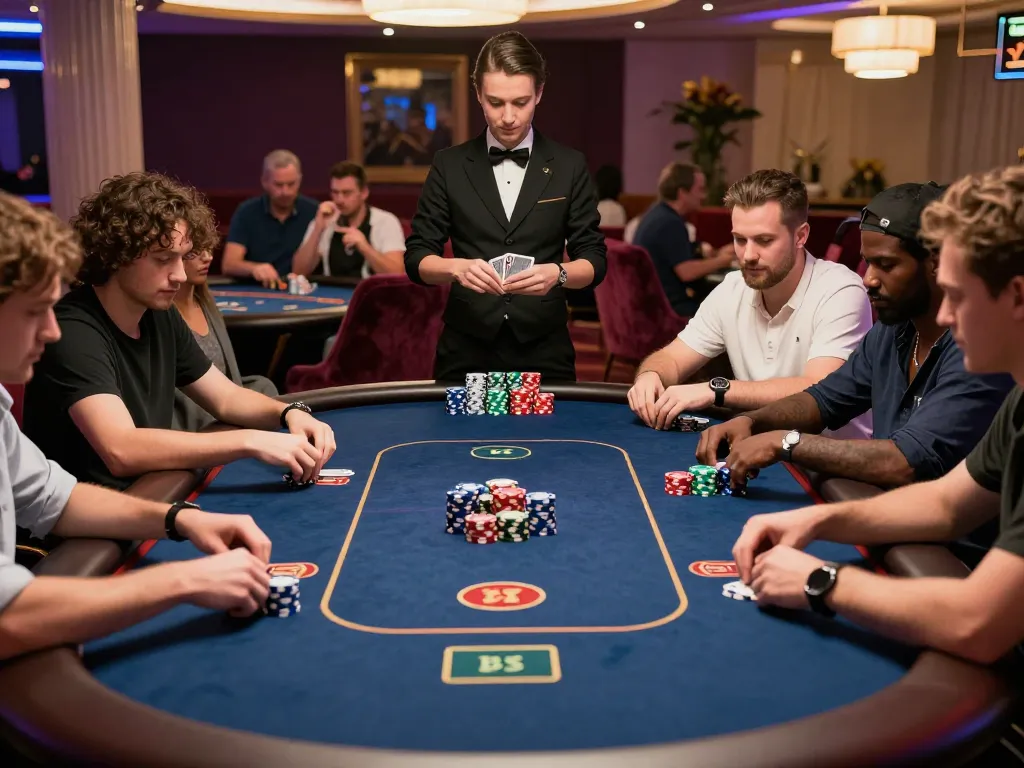 Players strategizing at a poker table in the upscale red88de casino with colorful chips and cards visible