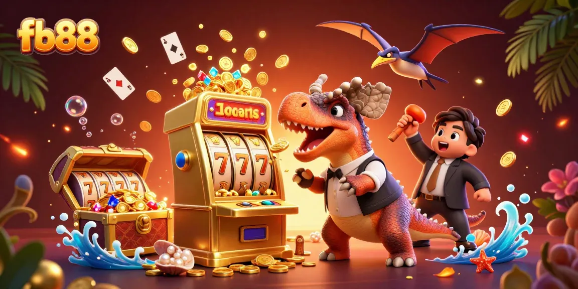 Experience fb88 excitement as a cartoon dinosaur wins a jackpot amid flying coins in an action-packed casino scene.