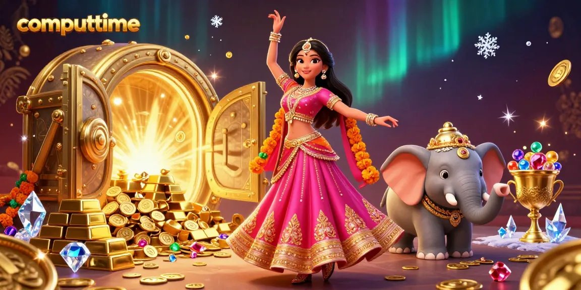 Experience the thrill of computime with vibrant casino-themed 3D illustration filled with gems and gold.