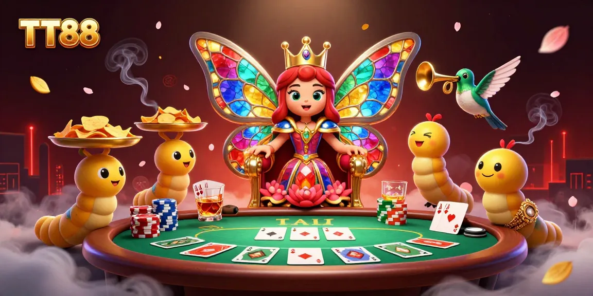 Win big at TT88 with a vibrant scene of a butterfly queen amidst poker chips and cards.