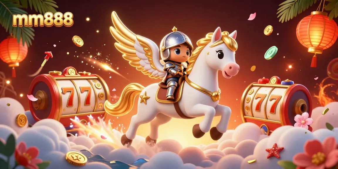 Experience exciting wins with mm888 at a vibrant online casino featuring golden slot reels and mythical characters.