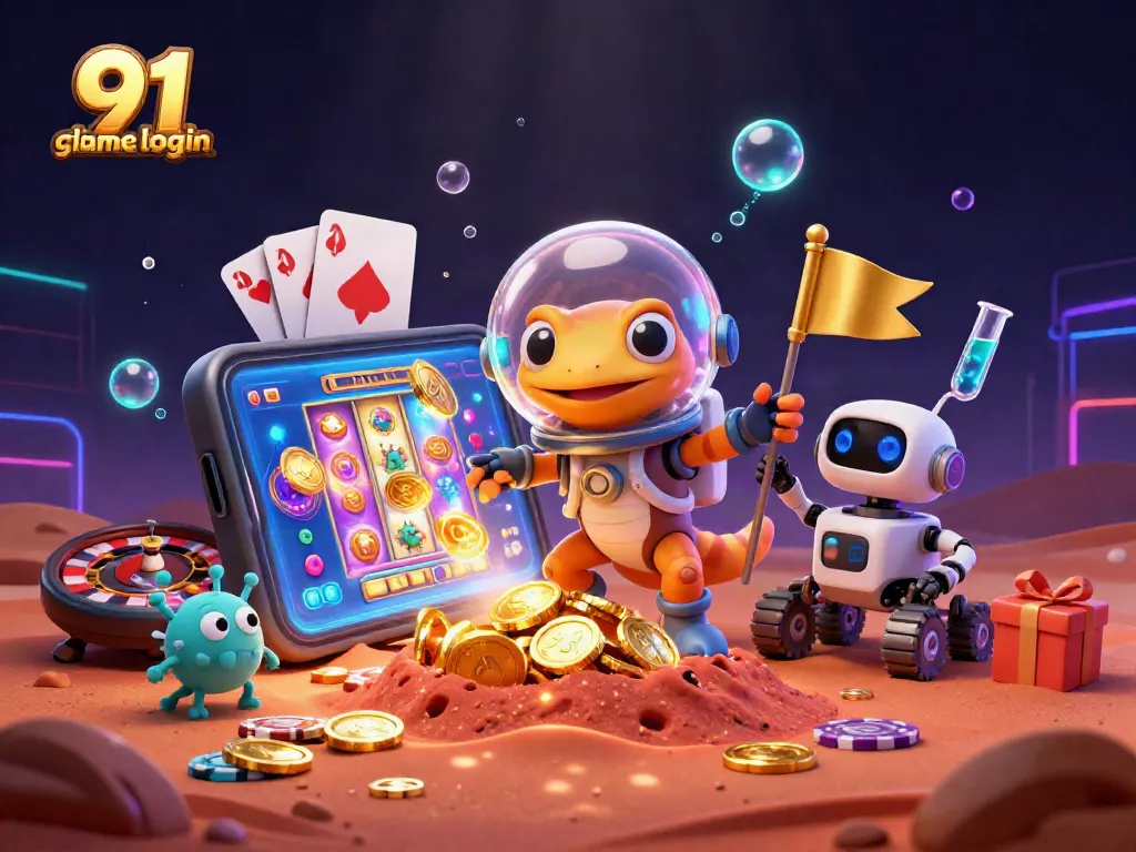 Engaging 91 club game login scene with Martian gecko discovering a golden casino, inspiring excitement in online gaming.