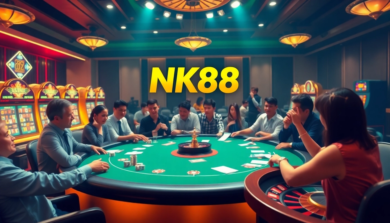 Exciting gambling scene at NK88 casino featuring poker table, chips, and roulette wheel.