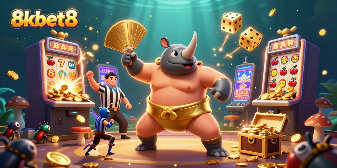 Engage with vibrant 8xbet8 casino fun featuring a beetle champion, golden coins, and lively slot action.