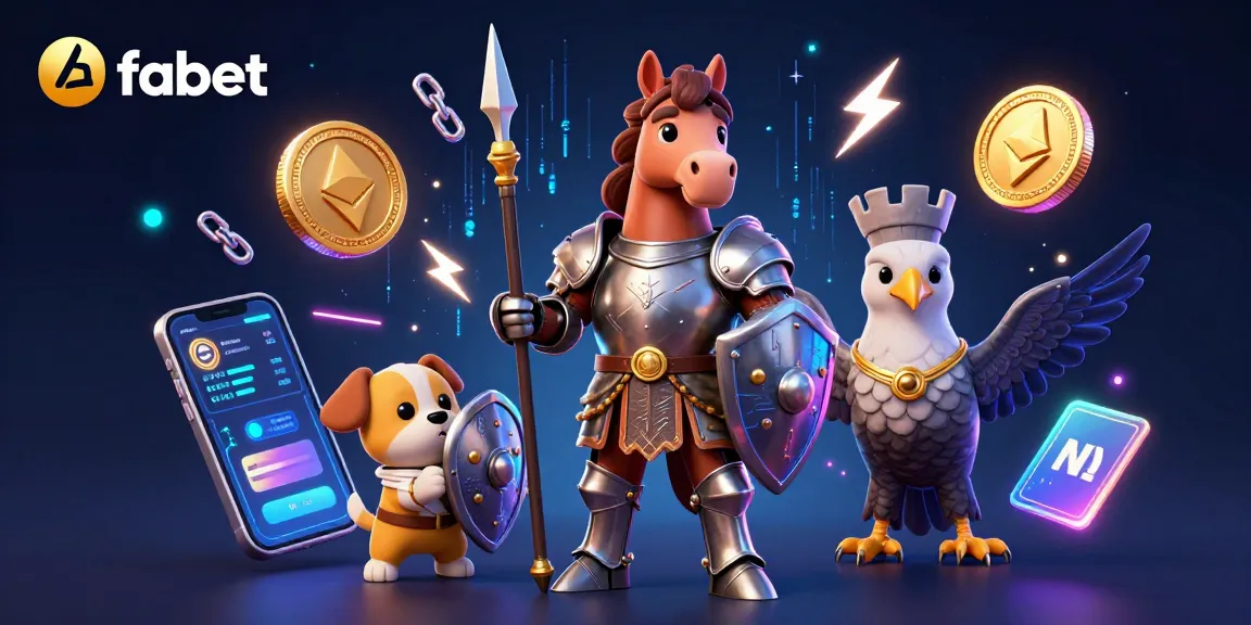 Join the fabet adventure with a knight, squire, and falcon amidst vibrant crypto elements in this animated gambling scene.