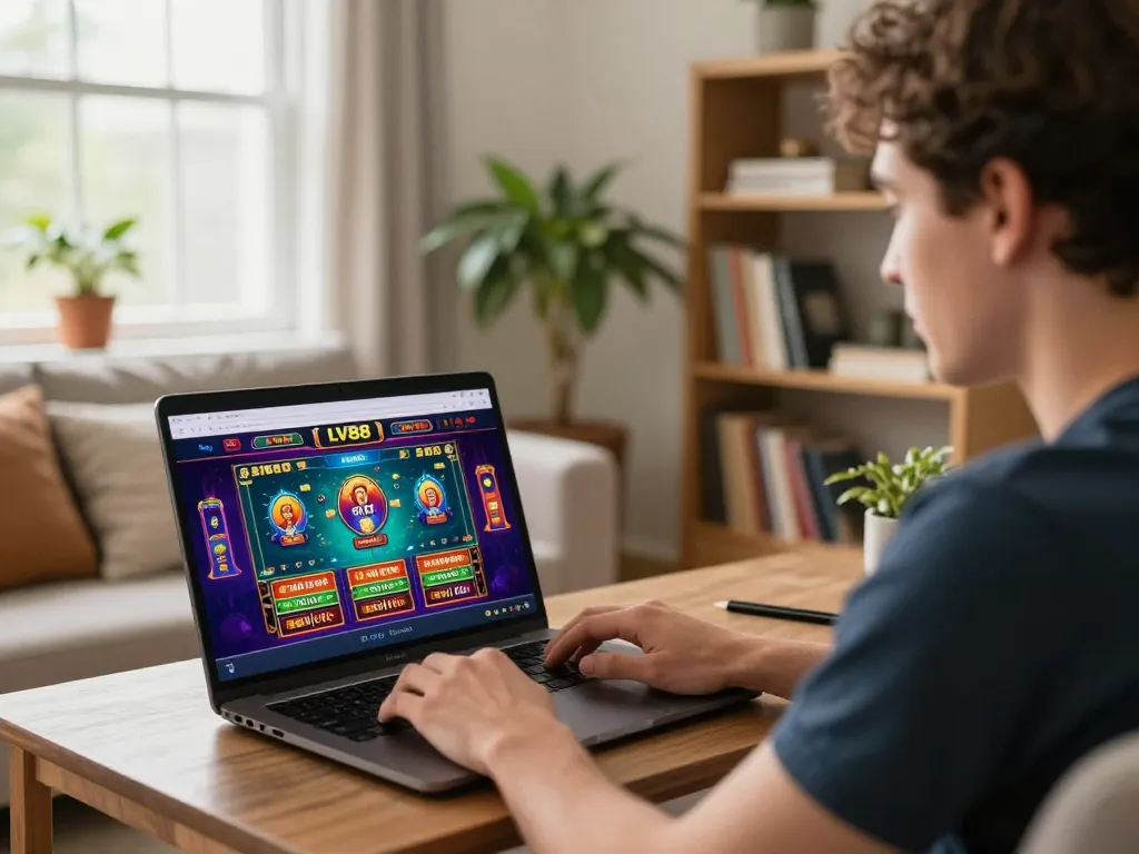 Player enjoying LV88 online gaming experience at home using a laptop, focused on the game.