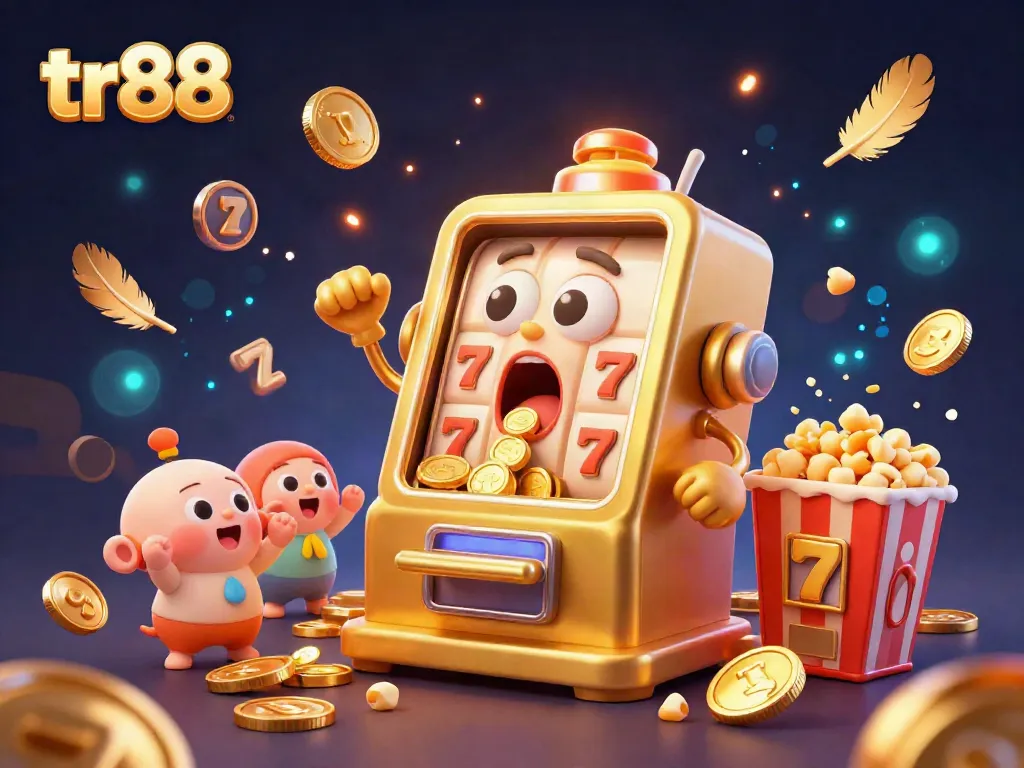 Experience a thrilling tr88 jackpot with our vibrant slot machine illustration, coins and fun everywhere!