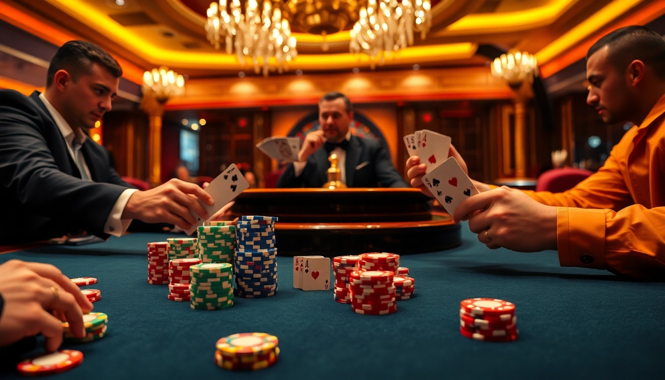 sc88 players intensively strategizing at a colorful poker table in a luxurious casino