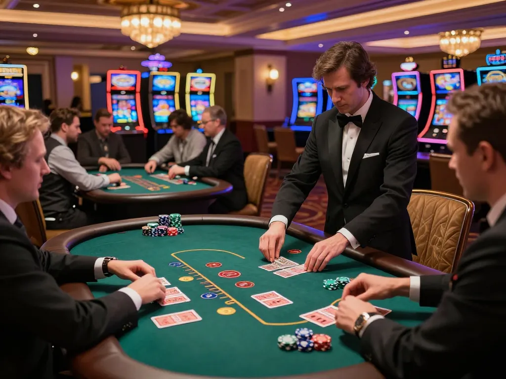 C168 casino scene showcases players strategizing at blackjack tables with dealers in an upscale environment.
