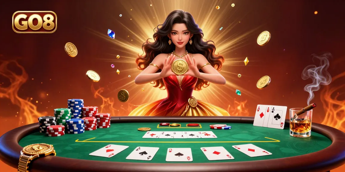 Join the excitement at GO8 casino with a stunning Asian woman holding a golden coin as treasures rain down.