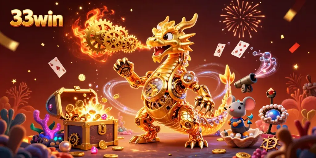 Engage with 33win's thrilling gaming experience through a dynamic 3D casino scene featuring vibrant characters and elements.