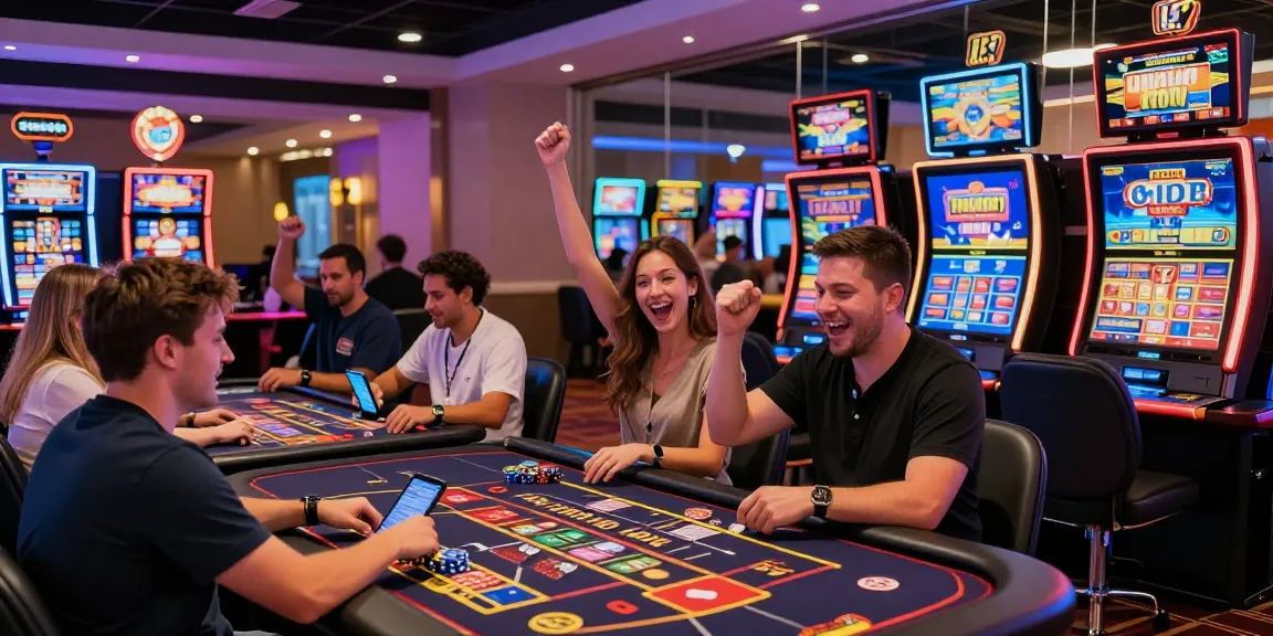Experience the thrill of casinos that accept credit cards, featuring players celebrating wins amidst vibrant gaming tables and lively atmosphere.