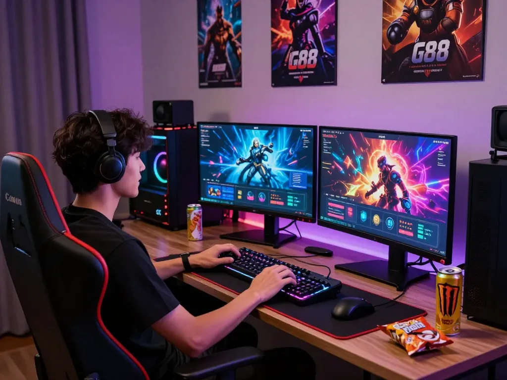 Gamer engaged with the G88 online gaming platform in a vibrant gaming setup, showcasing excitement and immersive experience.