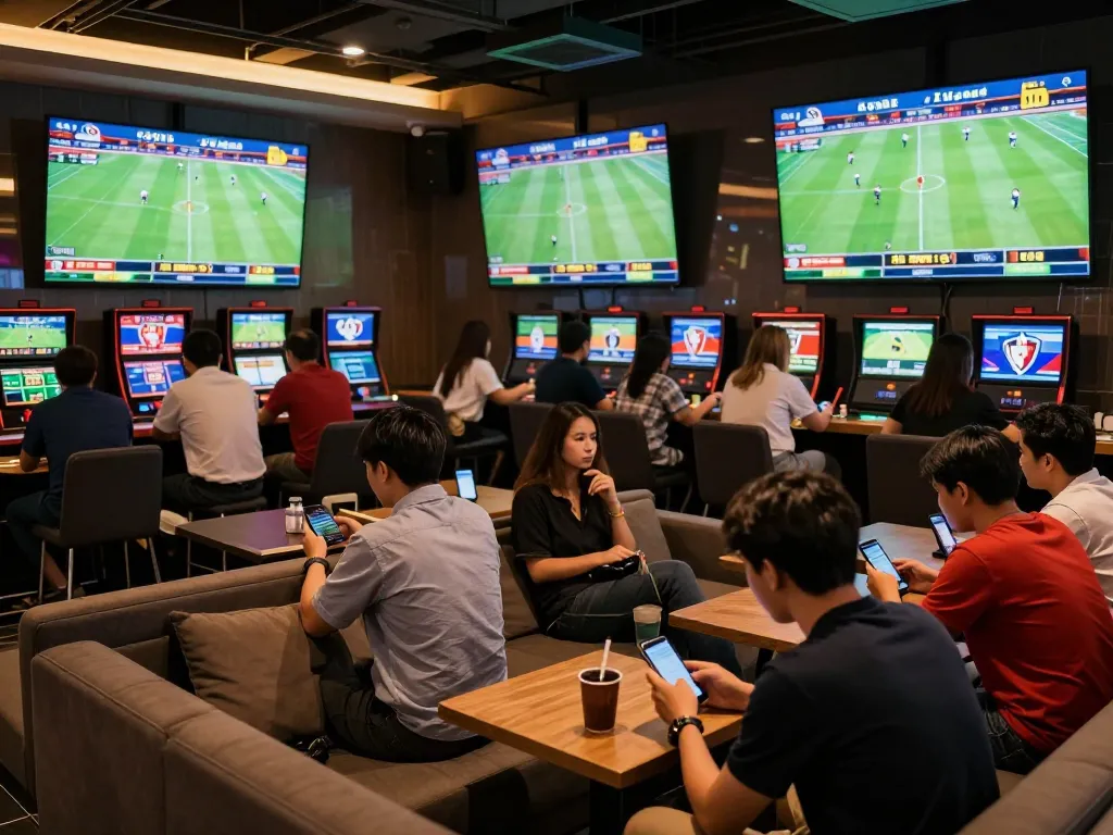 Soi kèo bóng đá strategies in action at a lively sports betting lounge with screens showing live games and bettors