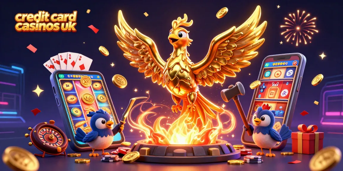 Exciting 3D scene showcasing credit card casinos uk, with golden phoenix, dynamic gaming elements, and festive atmosphere.
