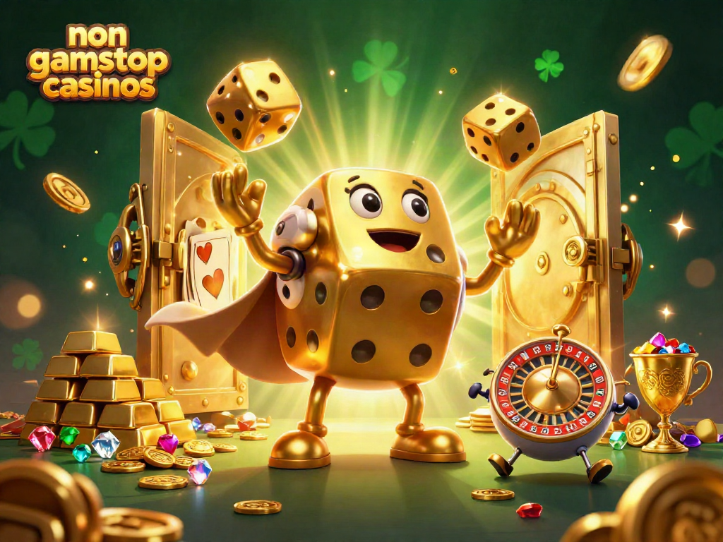 Engaging scene showcasing non gamstop casinos with vibrant golden dice and treasures.