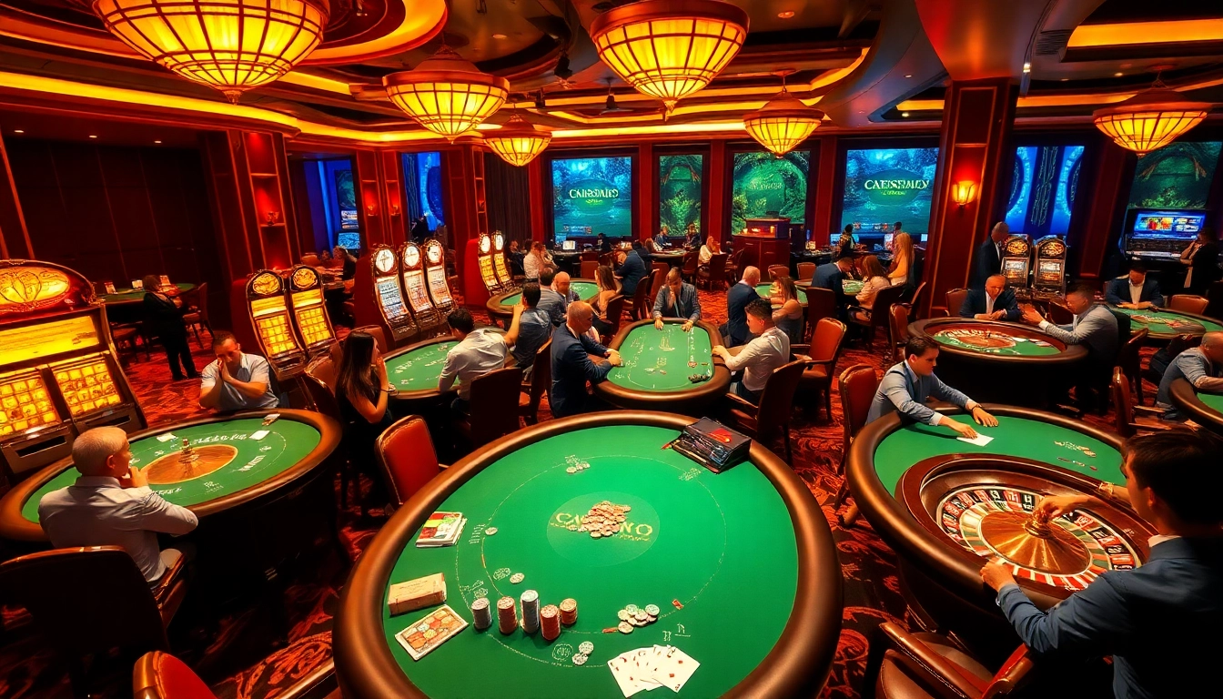 Players celebrating wins at cm88 casino with vibrant tables, chips, and bright slot machines.