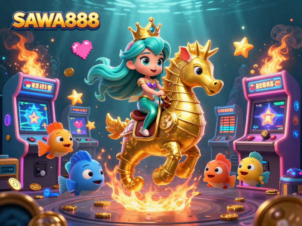 SAWA888 showcases a thrilling underwater adventure with a mermaid princess in a 3D casino setting.