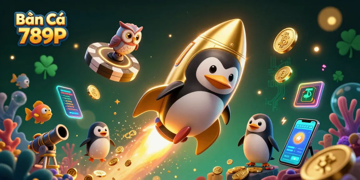 Catch the excitement of Bắn Cá 789P as the golden penguin navigates a vibrant underwater casino world.