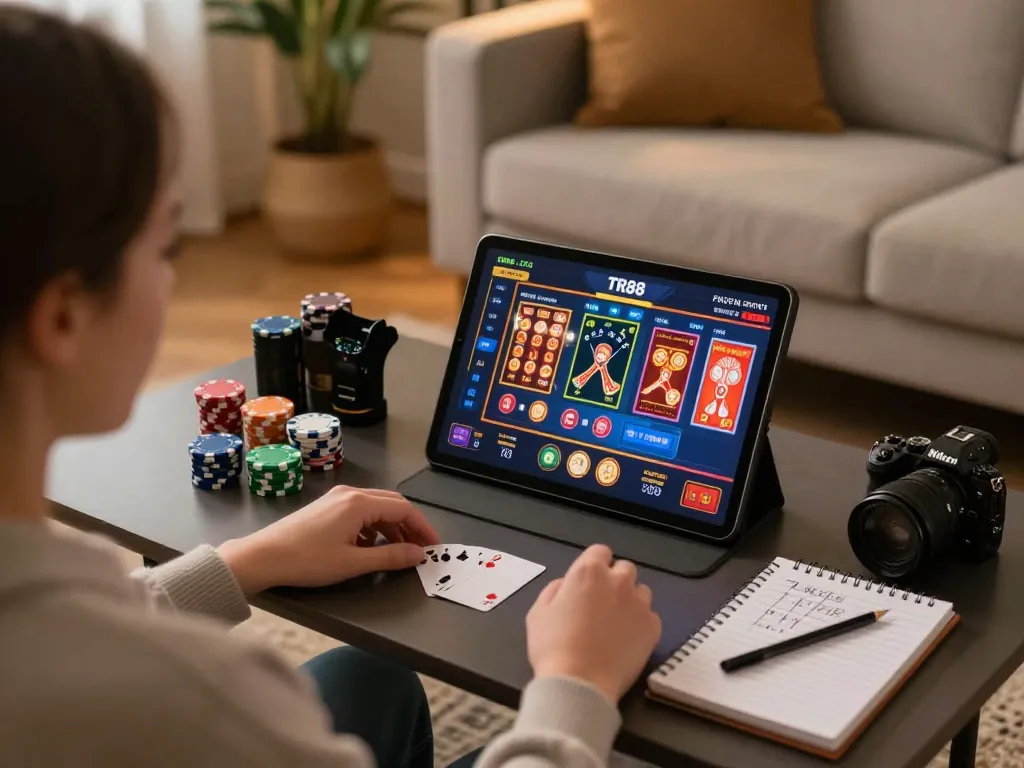 Engaging player enjoys online games at TR88, showcasing an immersive gaming atmosphere from home.