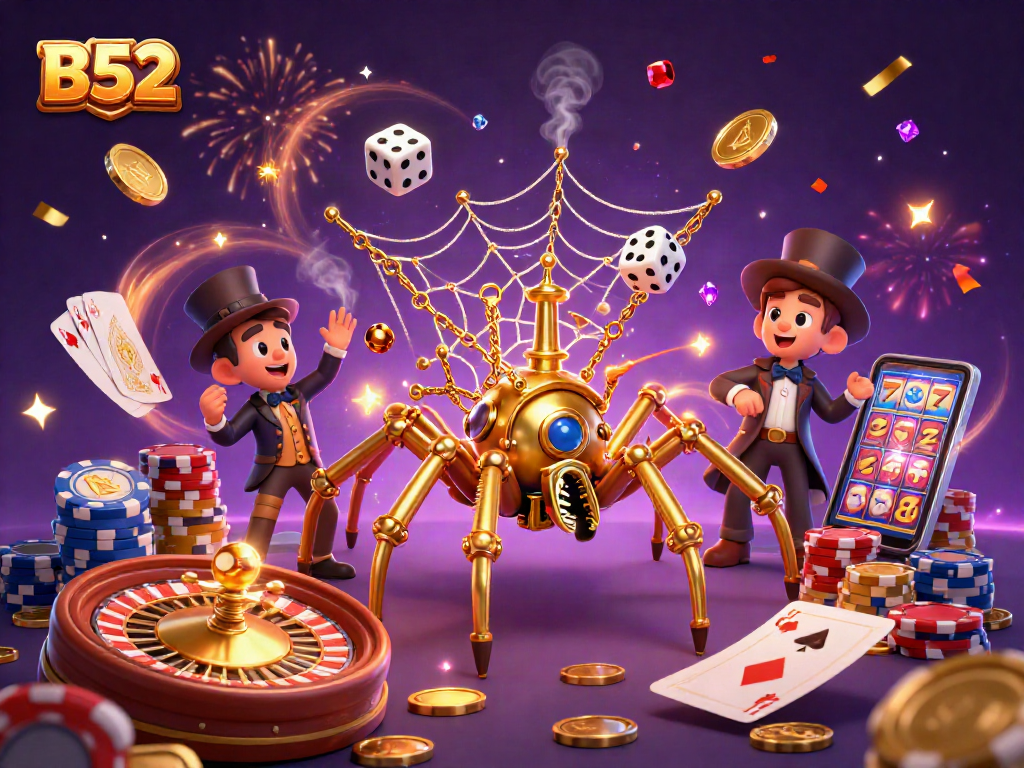 B52 themed 3D illustration showcasing a steampunk spider web with poker elements and a fascinated fly gentleman.