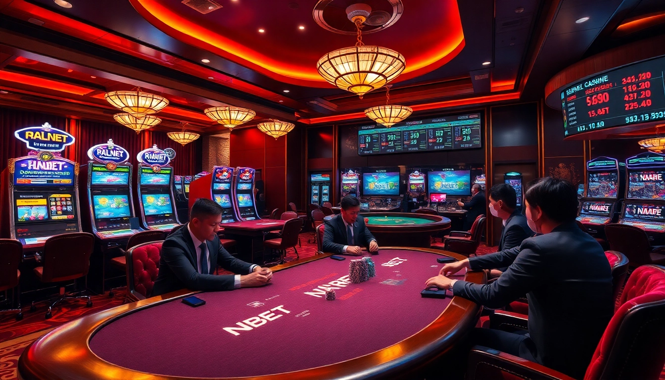 Gambling excitement at Nhà Cái NBET with players at a poker table and bright slot machines.