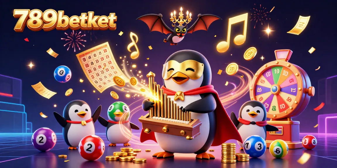 Experience the vibrant world of 789betket with a penguin playing for gold amidst lottery elements.