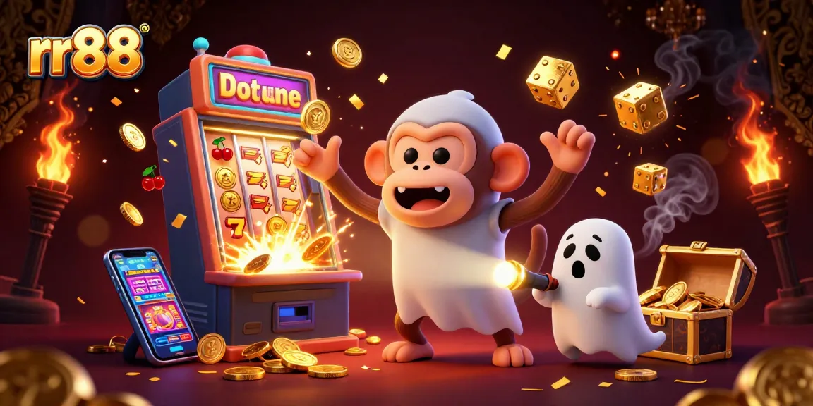 rr88 casino scene showcasing a mischievous monkey juggles golden objects amidst excitement of slot machines and treasures.
