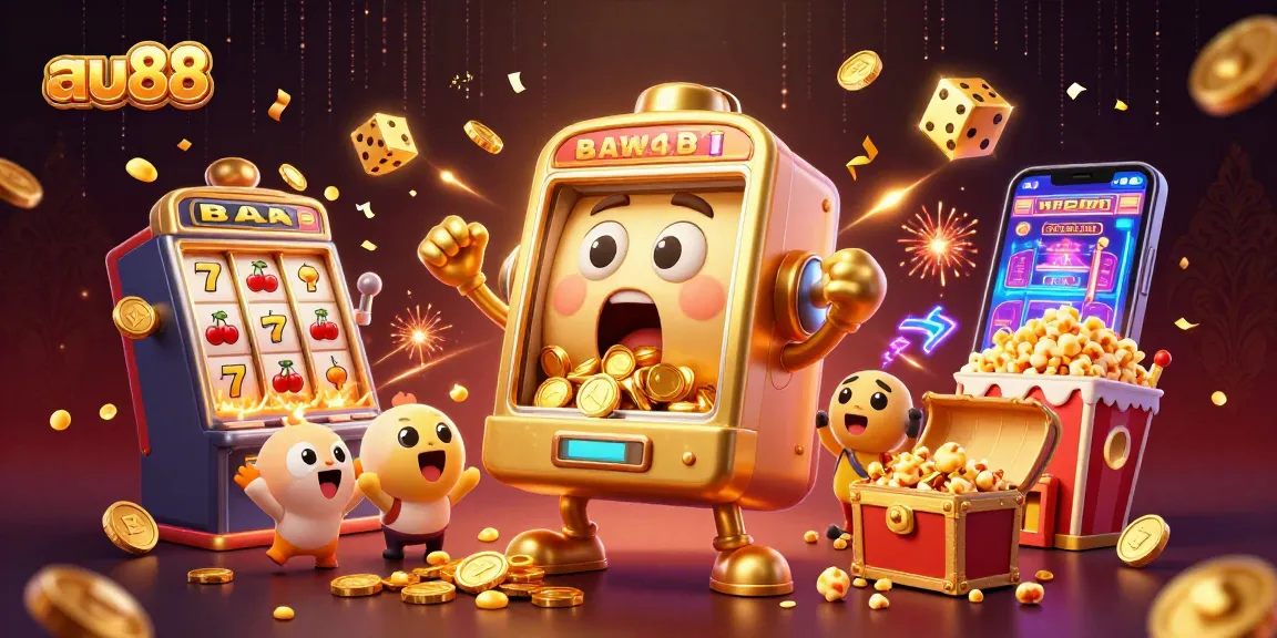 Play au88 with the animated golden slot machine striking a jackpot amidst vibrant casino excitement.