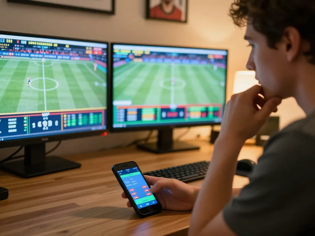 Engaged user placing bets on bl555 through a smartphone app in a cozy personal environment.