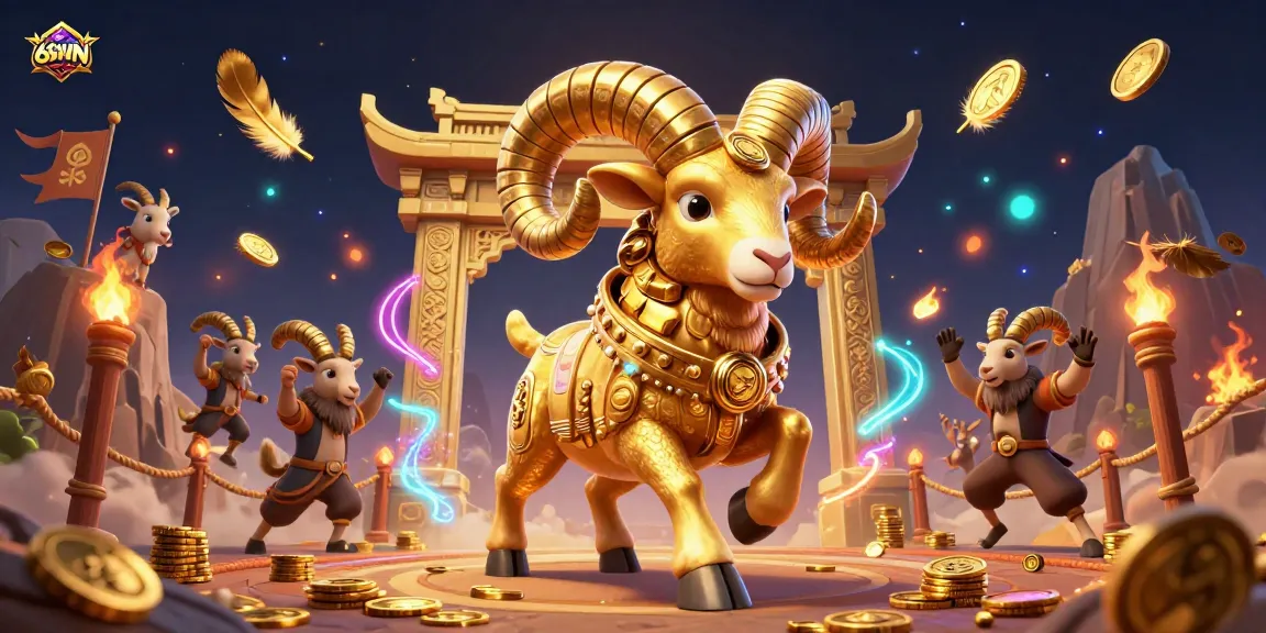 Experience the thrill at 68WIN with a golden ram charging towards a dynamic gambling arena.