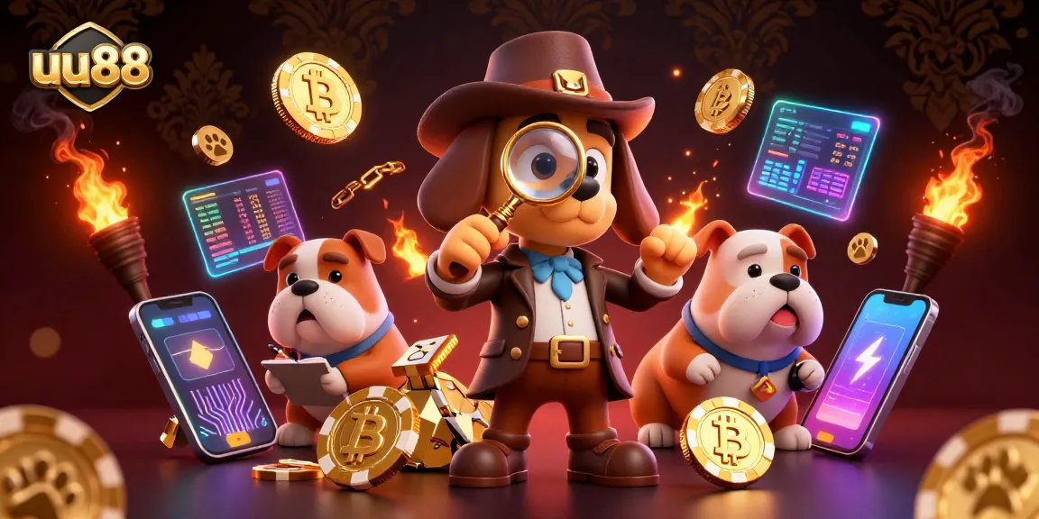 Engage with uu88 through a luxurious 3D detective scene, highlighting poker and cryptocurrency elements.