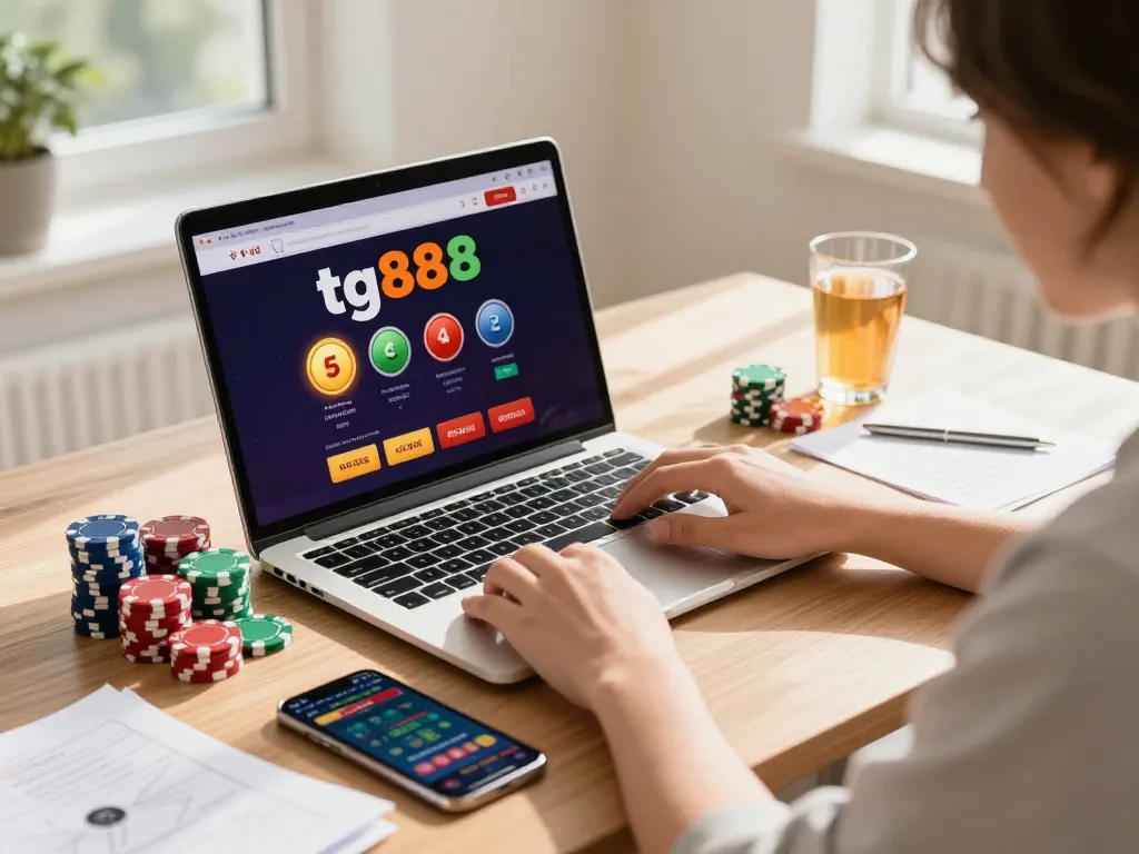 Player engaging in online gaming at tg888 casino with laptop and smartphone