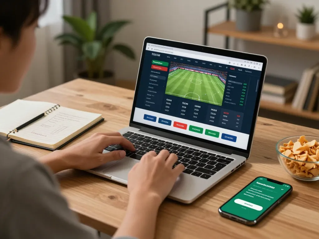 Person engaging with kèo nhà cái betting options on a laptop amidst a comfortable home environment, showcasing strategic gambling setup.