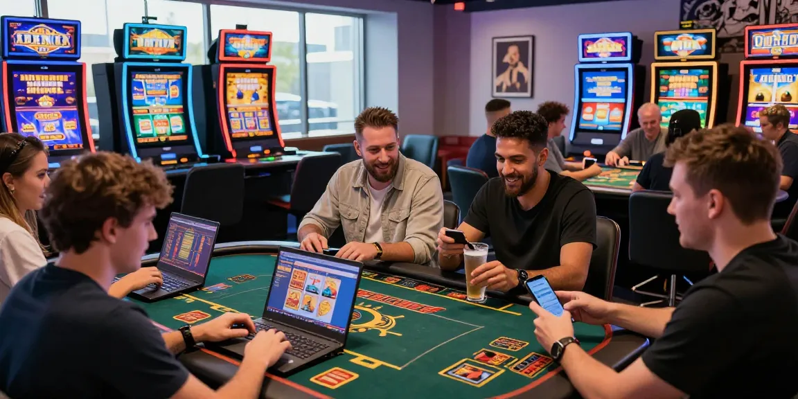 Players enjoying credit card casinos in a lively modern gaming lounge with vibrant slot machines and interactive gameplay.