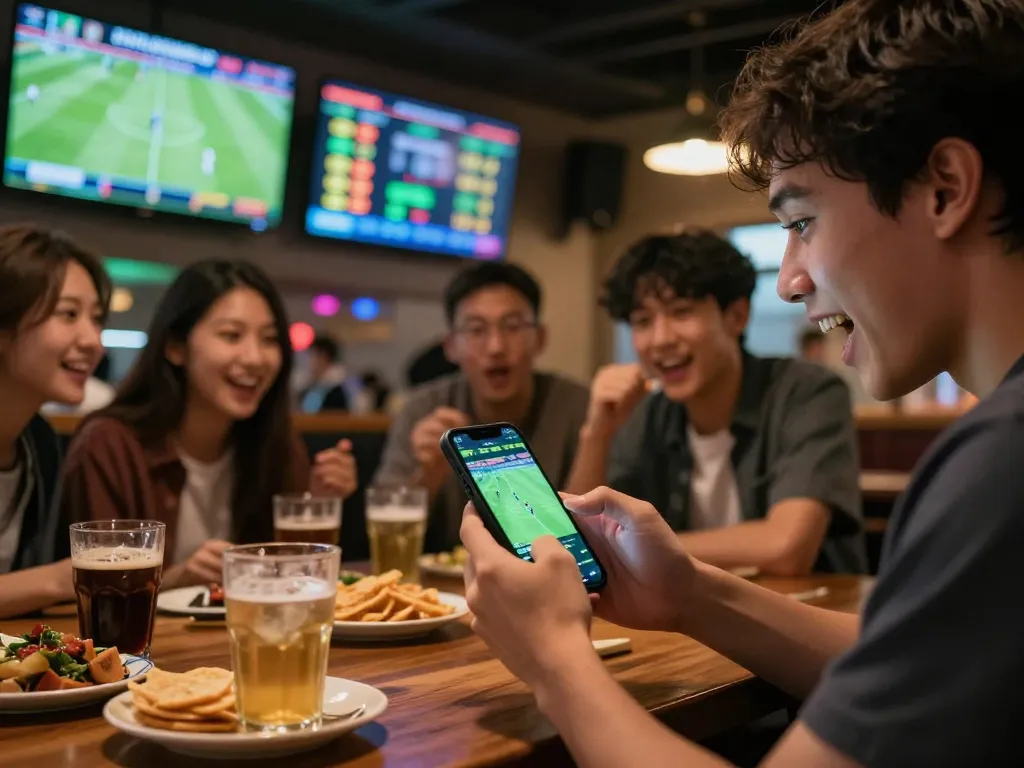 Person excitedly checking tỷ lệ kèo nhà cái hôm nay on smartphone during live sports.