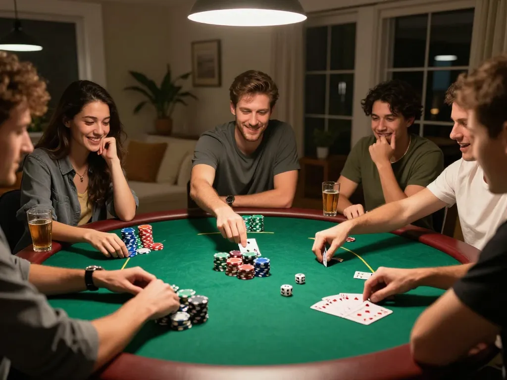 Friends enjoying a lively poker night at home featuring Go8 gameplay strategy and dynamic atmosphere.
