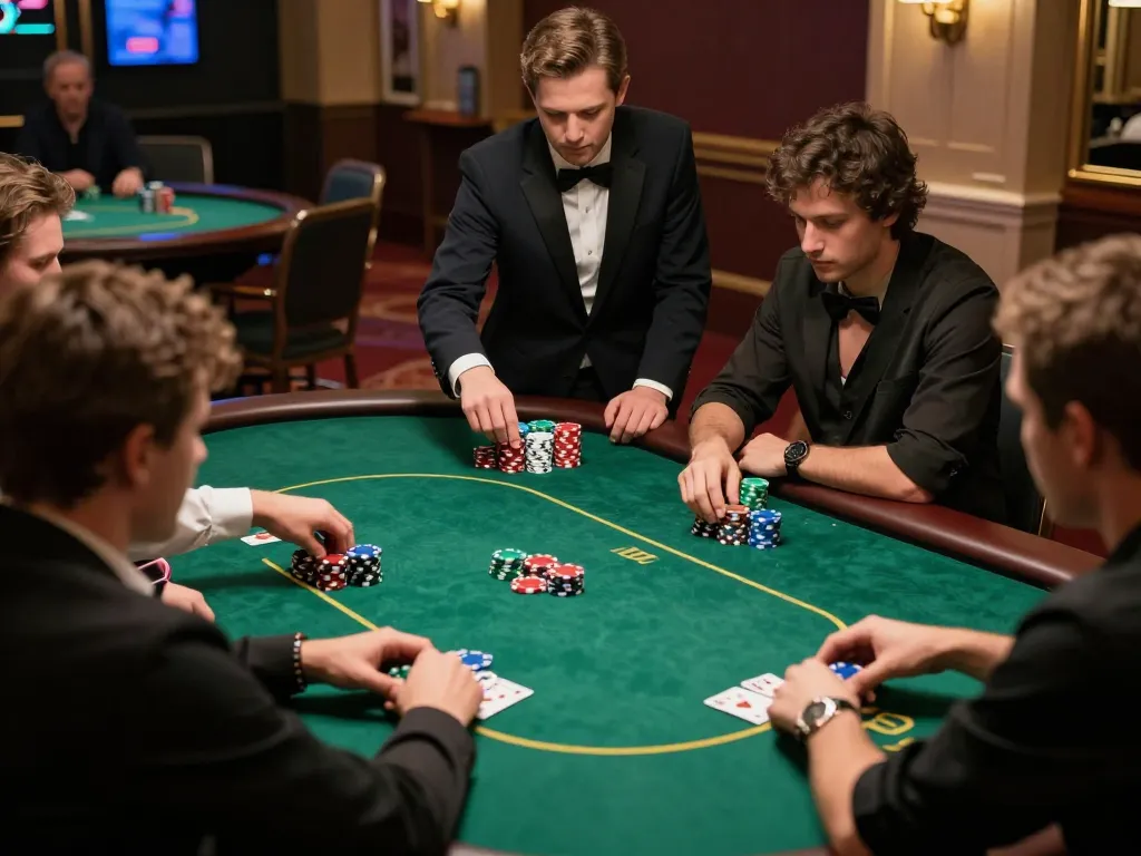 Engaged players at Xin88 poker table making strategic bets during a lively casino game night.