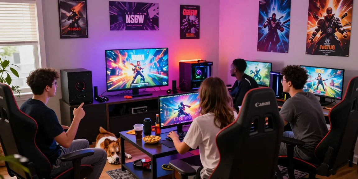 Friends intensely playing an NSFW game in a vibrant gaming room filled with neon lights and modern gear.