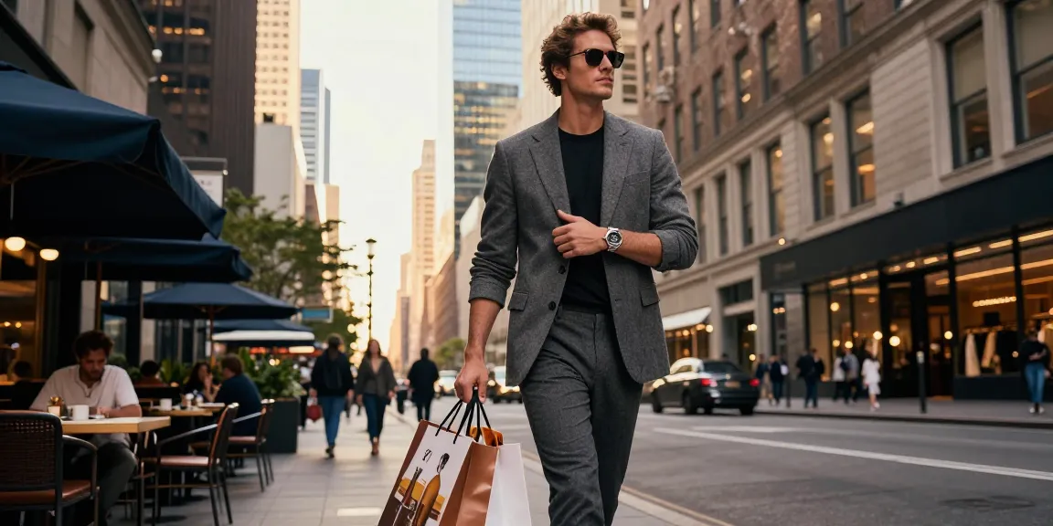Stylish individual showcasing a luxury replica watch while shopping in the city.