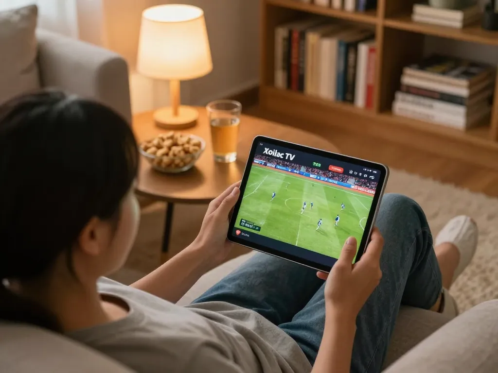 Xoilac TV user enjoying live football streaming on a tablet in a cozy home setting.