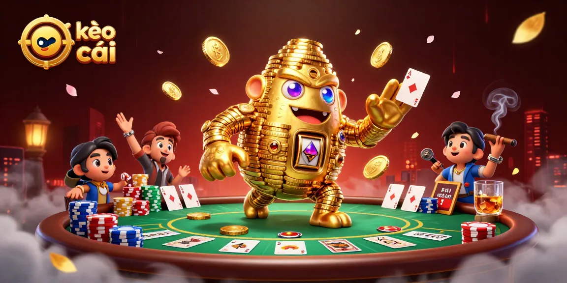 Experience dynamic kèo nhà cái action with a golden golem amidst an exciting poker scene filled with energy and detail.