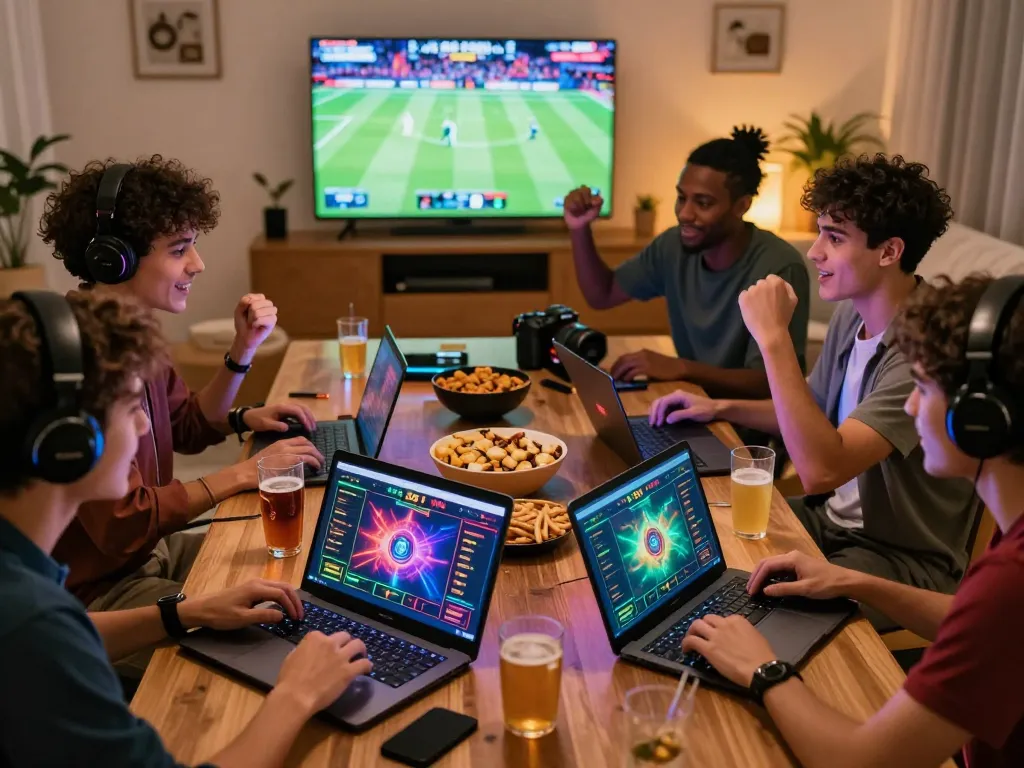 Friends enjoying gaming and betting experience with 555 win platform in a vibrant living room setting.